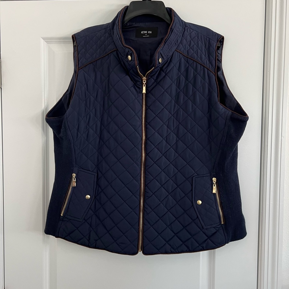 Navy Blue Lightweight Zip Up Puffer Vest with Gold Hardware